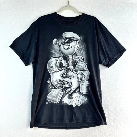 Popeyes Shirt Mens Size XL Black Graphic Poker Grunge Distressed Worn FLAWED - Picture 1 of 12